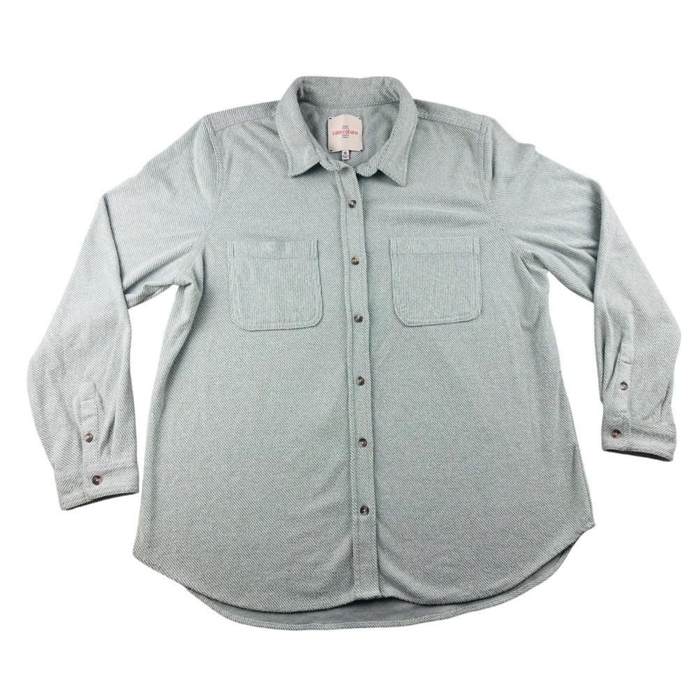 Casa Cabana Shirt Women XL Green Striped Button Front Soft Pockets Long‎ Sleeve